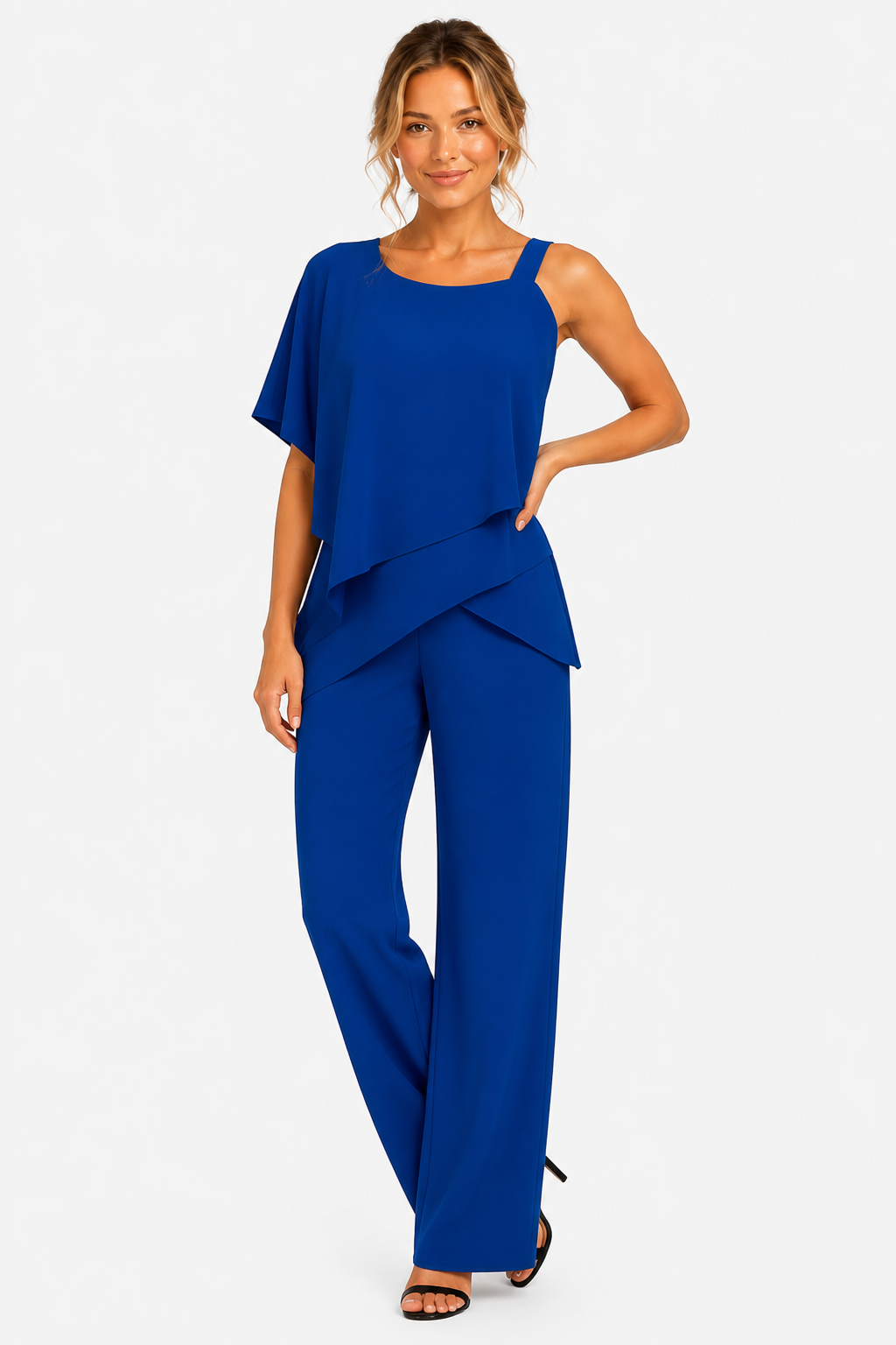 Asymmetric Overlay Wide Leg Jumpsuit - Blue - front