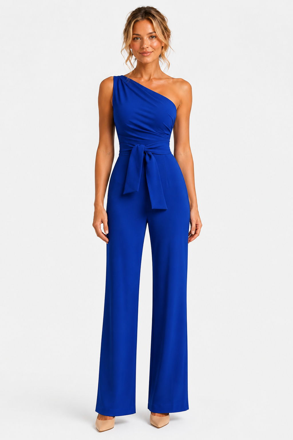 One Shoulder Wide Leg Jumpsuit - Blue - front