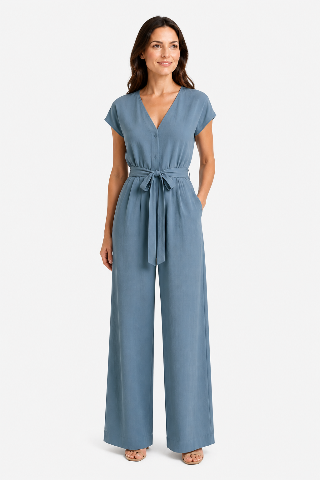 Women's Relaxed Wide Leg Jumpsuit – Tie Waist Summer Style - Blue - front