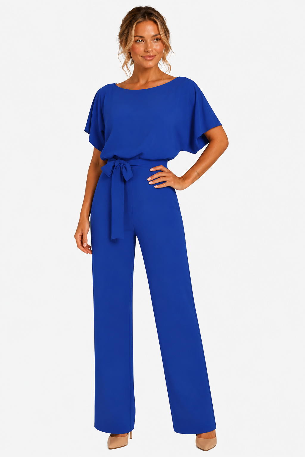Short Sleeve Belted Jumpsuit Boat Neck Summer One Piece - Blue - front
