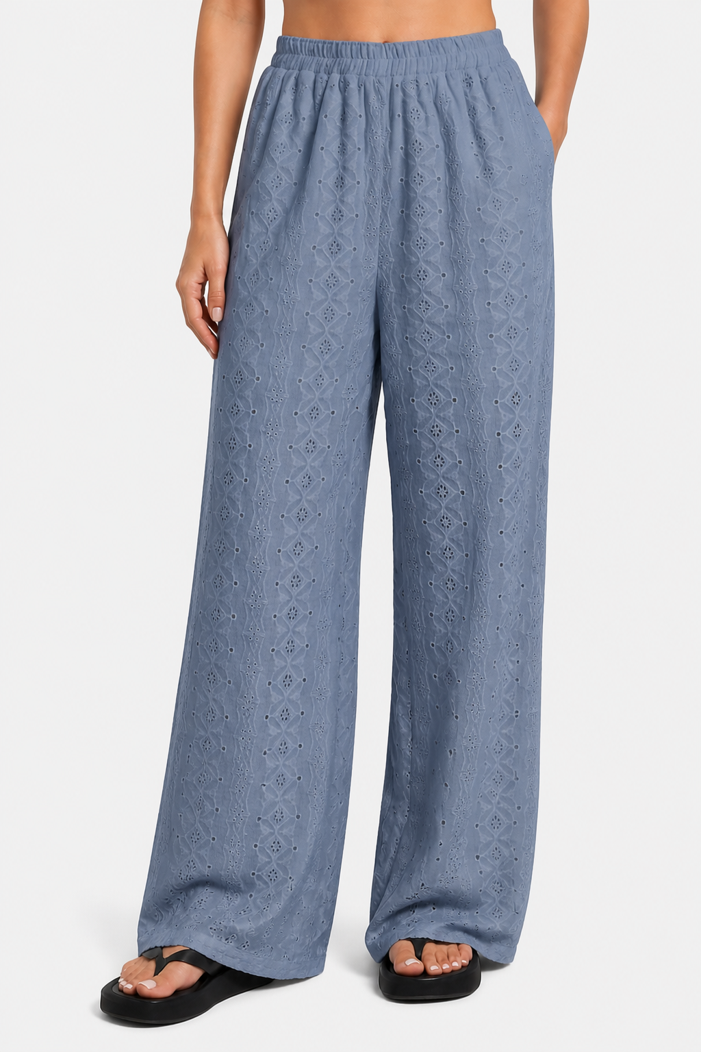 Élodienne – Broderie anglaise grace – Wide-leg trousers - Blue - front