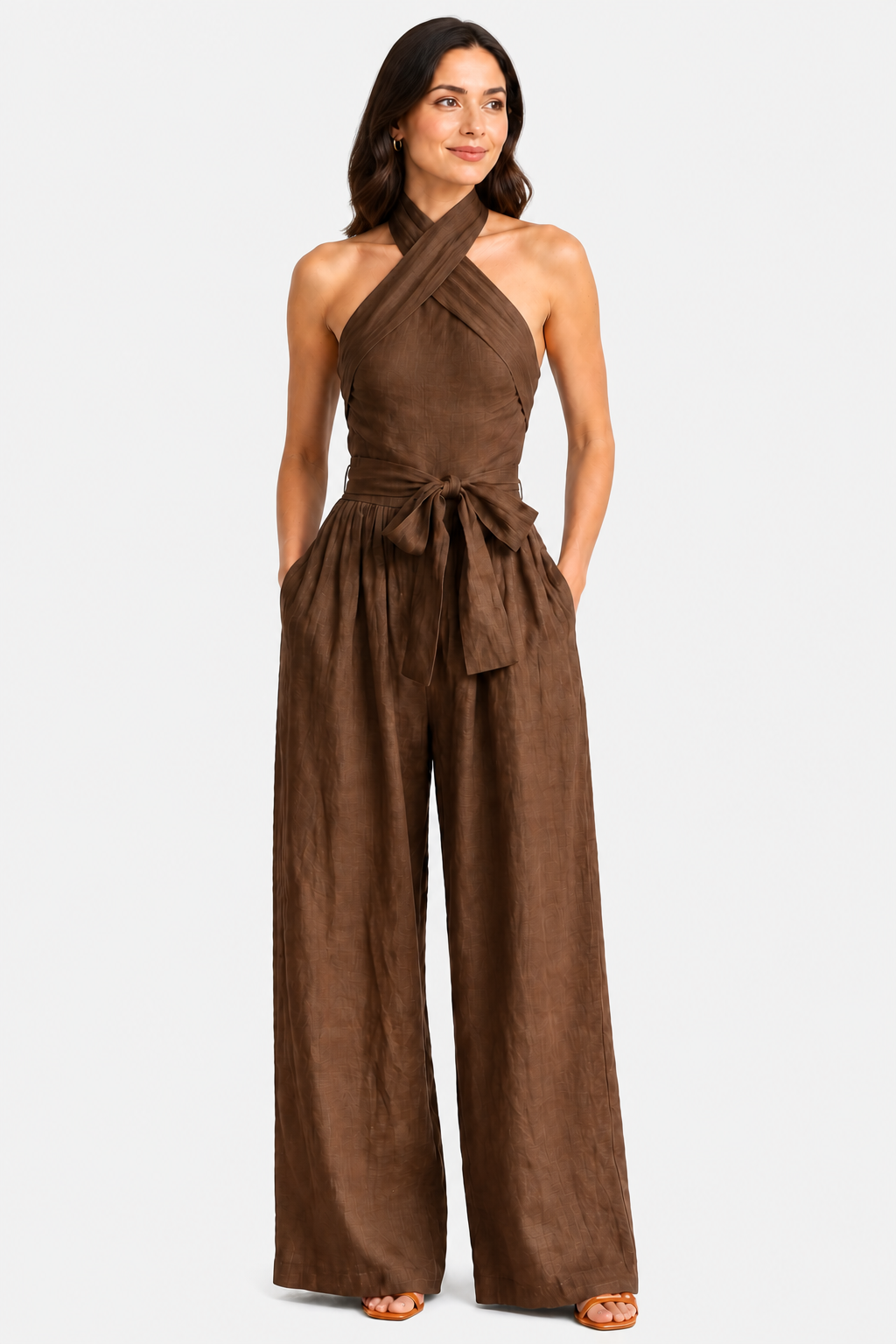 Aveline – Cross-halter sophistication – Wide-leg jumpsuit - Brown - front