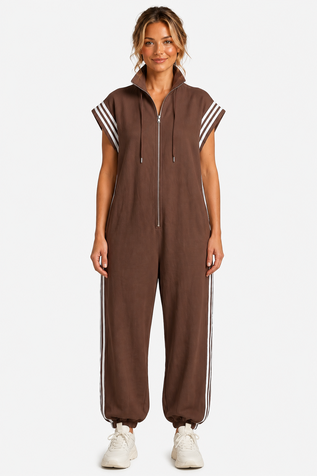 Veloura – Sporty stripe detail – Jumpsuit - Brown - front