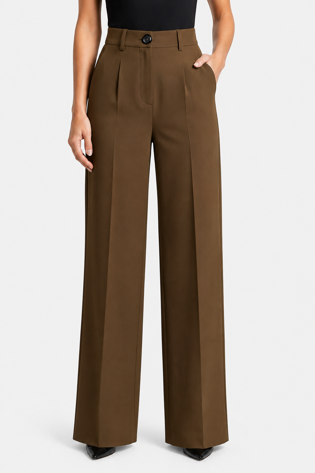 Elozane – Tailored pleats – High-waist wide-leg trousers - Brown - front