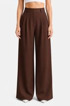 High Waist Wide Leg Trousers - Pleated - Brown - front