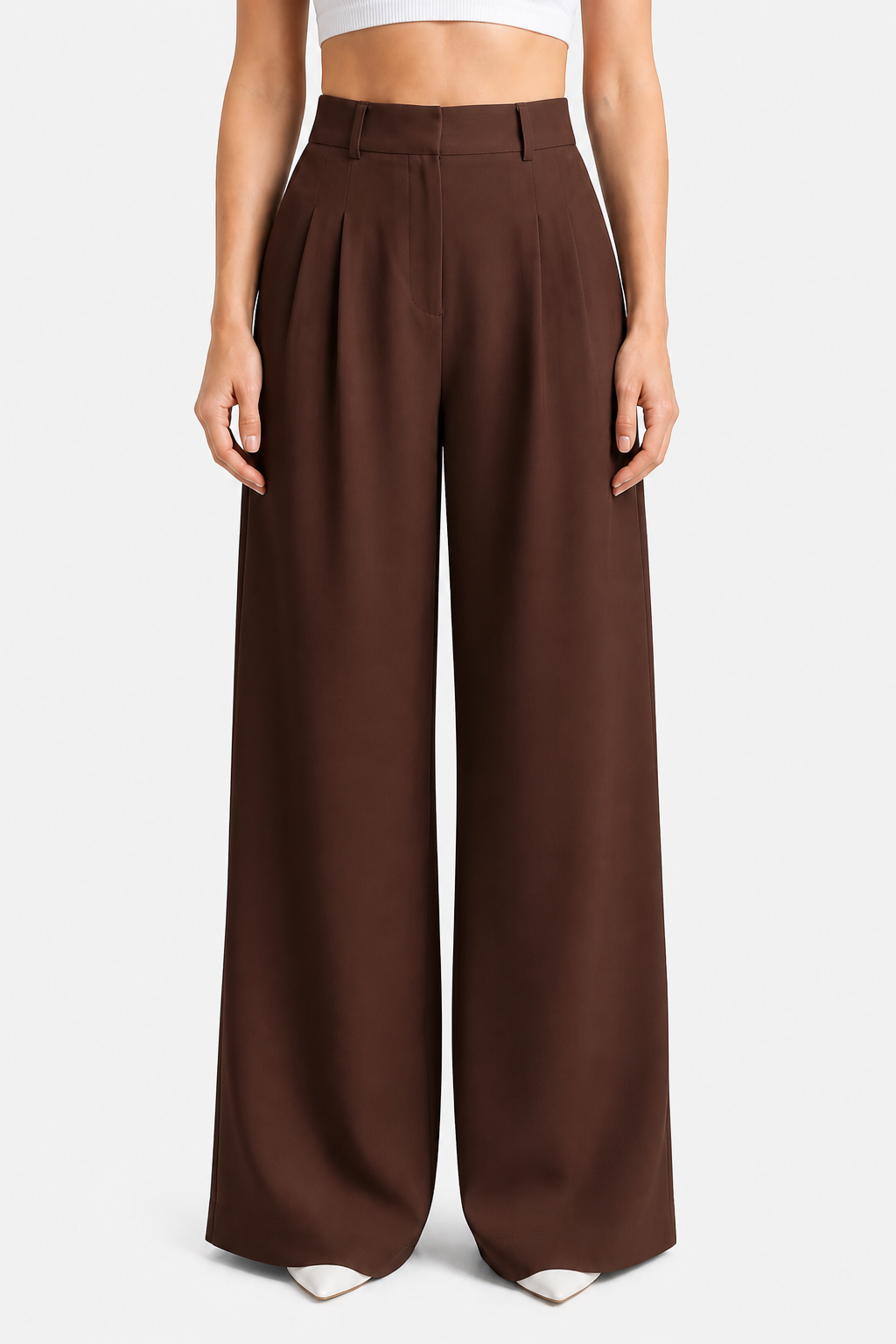 High Waist Wide Leg Trousers - Pleated - Brown - front