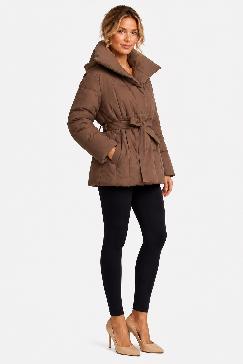 Valmira – Oversized collar – Belted puffer coat - Brown - side left