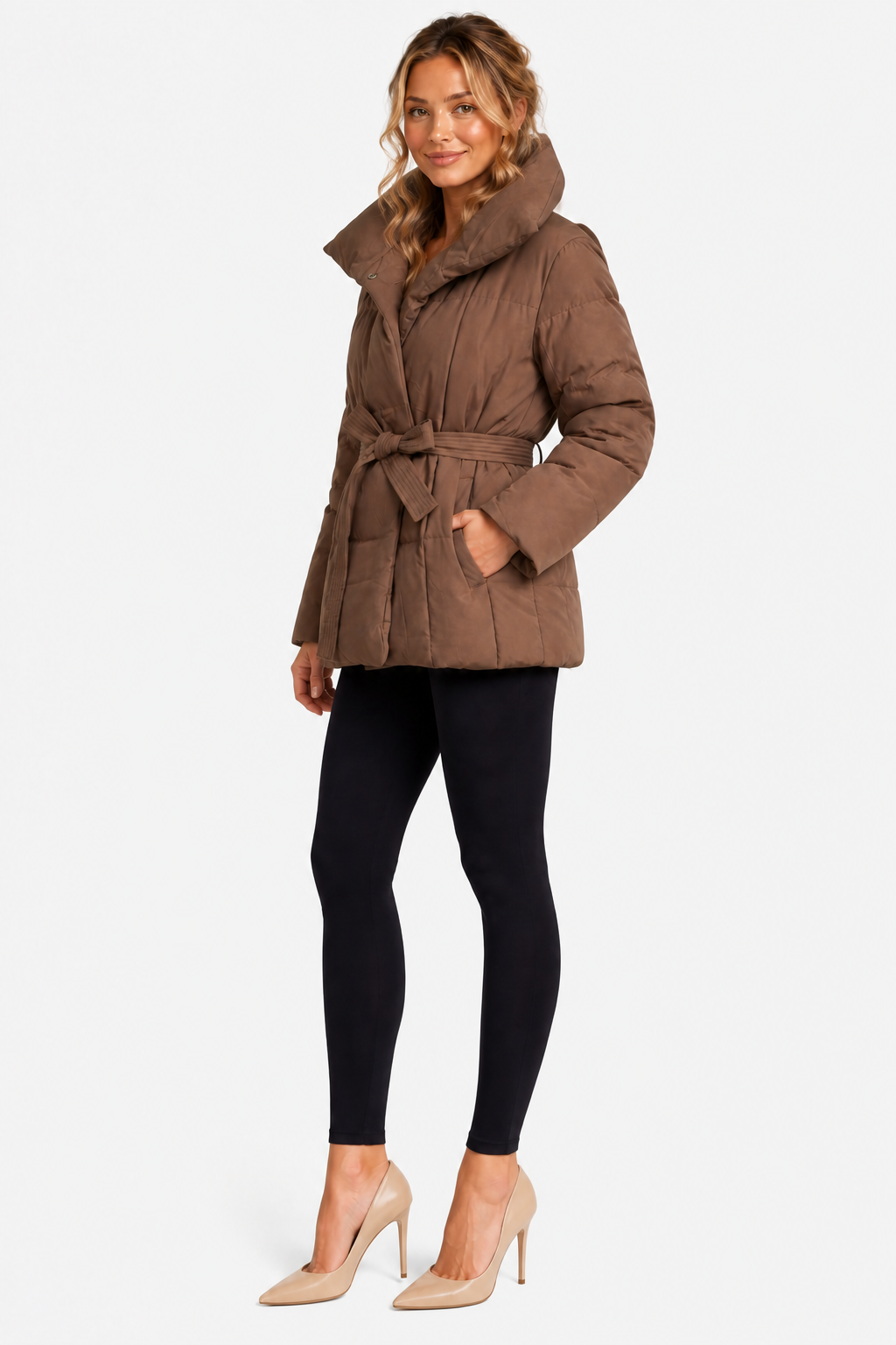 Valmira – Oversized collar – Belted puffer coat - Brown - side right