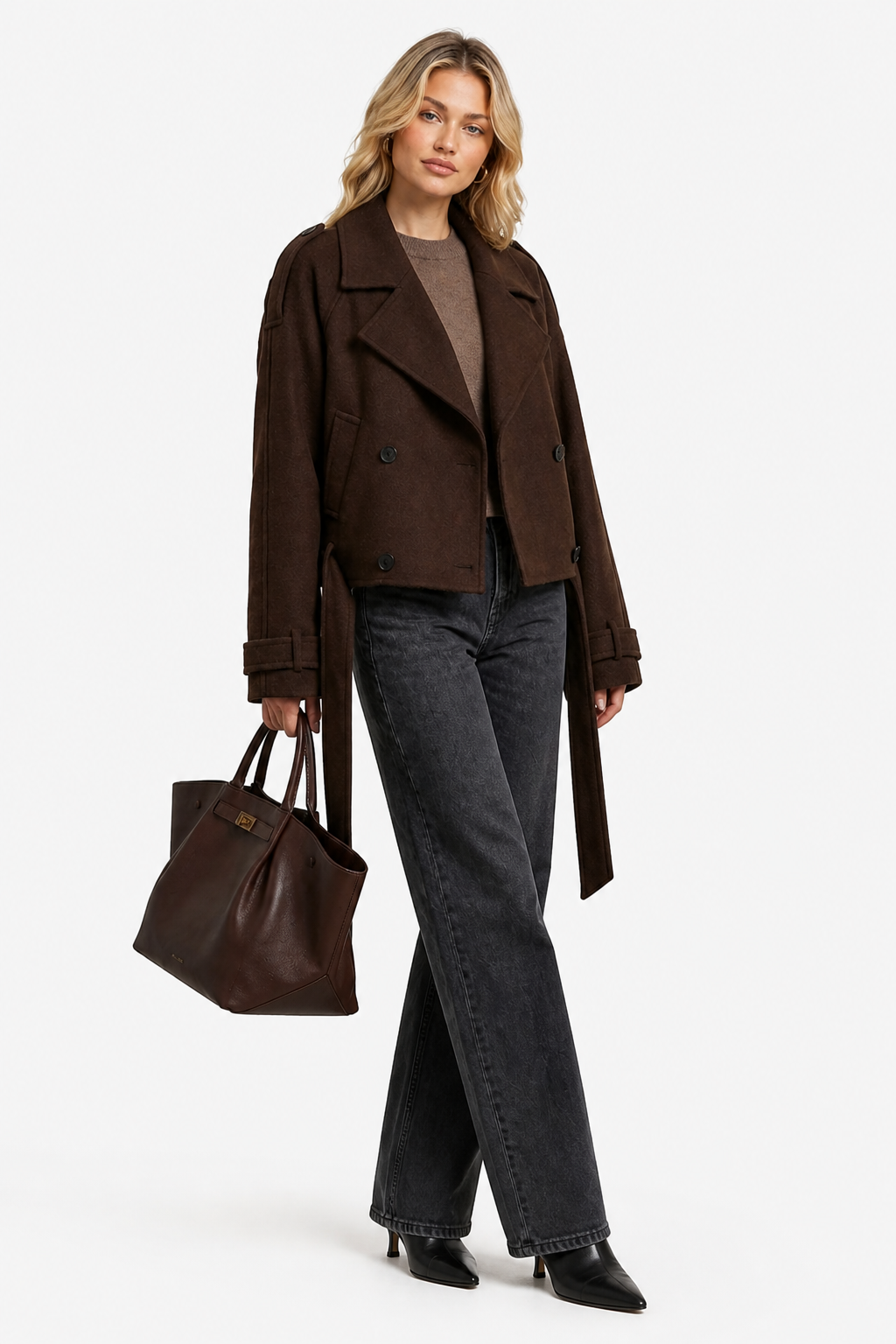 Élise – Double-breasted French Woolen Jacket – Cropped City Coat - Brown - side right