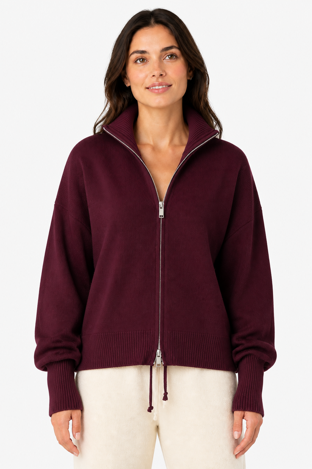 Women's Zip-Up Knit Cardigan Funnel Neck - Burgundy - front