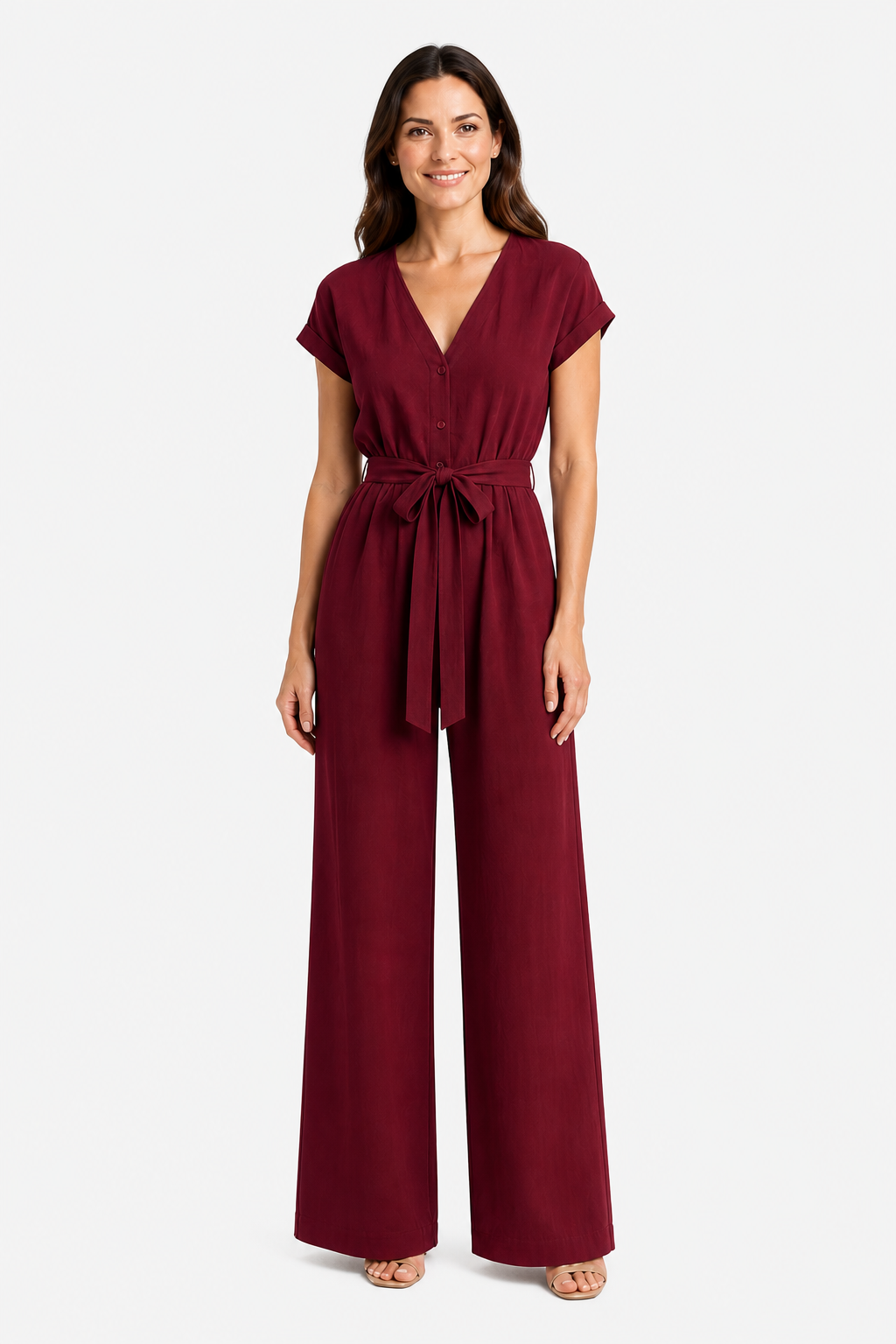 Women's Relaxed Wide Leg Jumpsuit – Tie Waist Summer Style - Burgundy - front