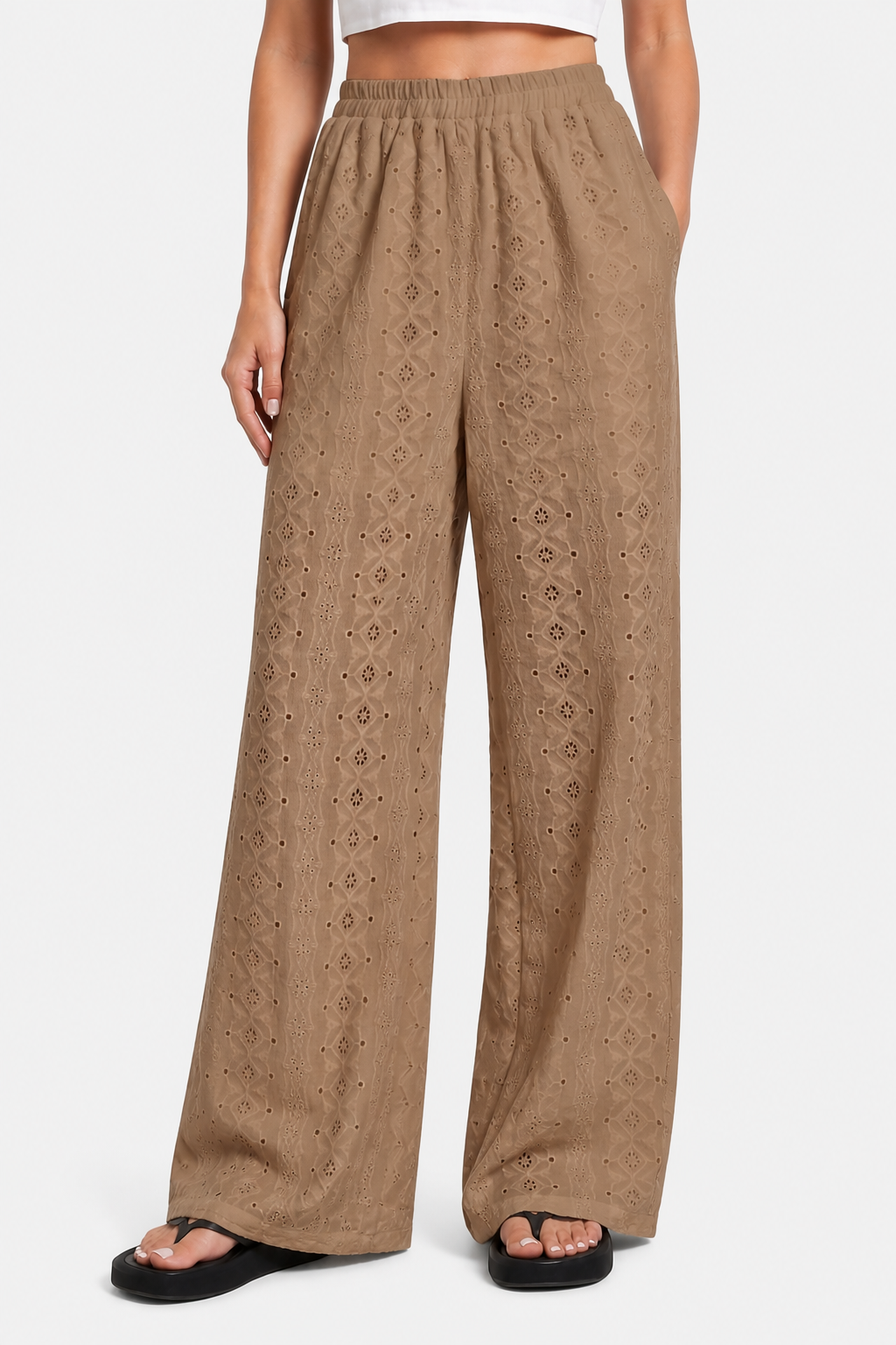 Élodienne – Broderie anglaise grace – Wide-leg trousers - Camel - front