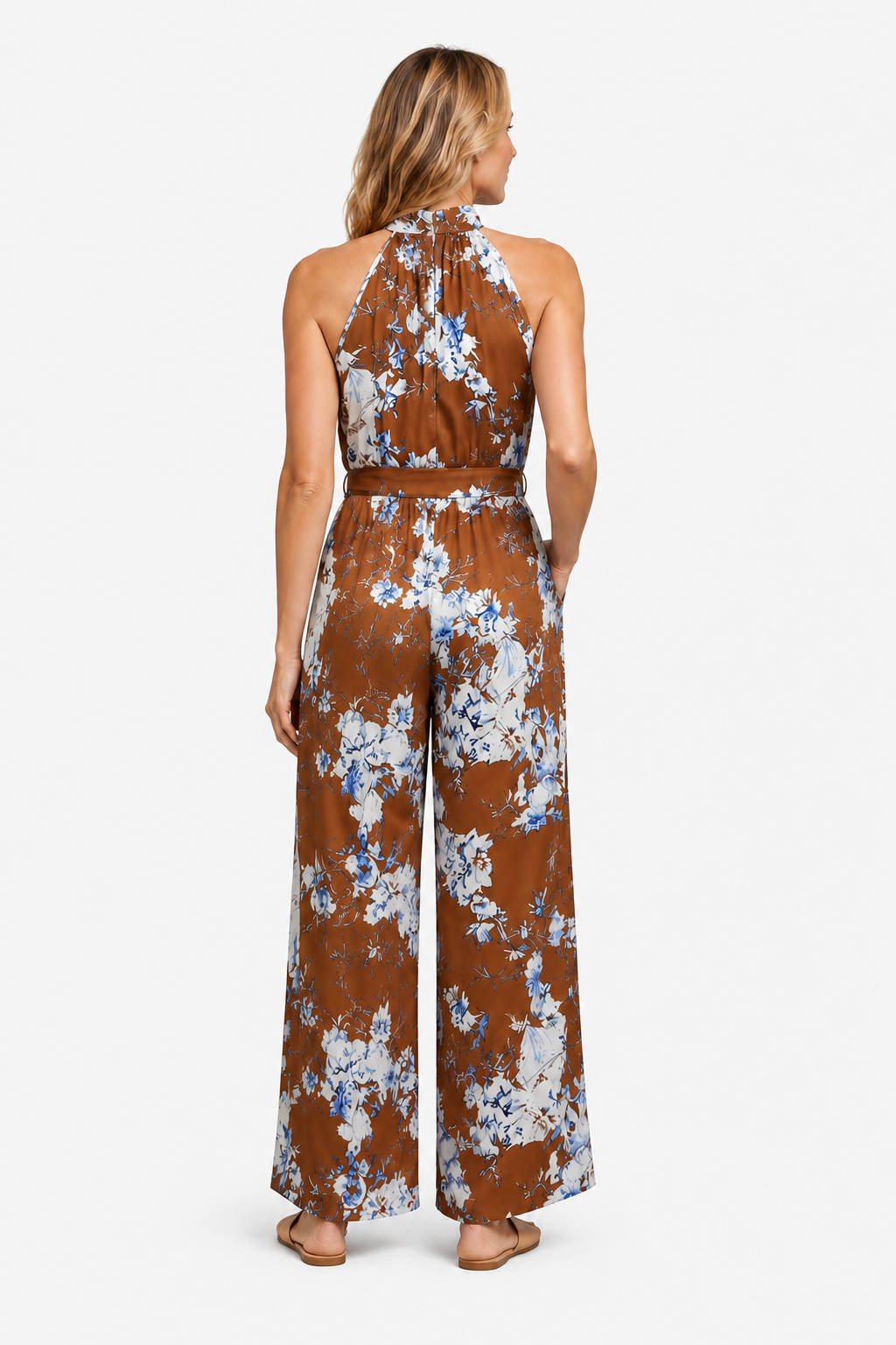 Women's Floral Halter Neck Wide Leg Jumpsuit – Tie Waist Style - Caramel - back