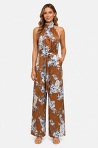 Women's Floral Halter Neck Wide Leg Jumpsuit – Tie Waist Style - Caramel - front