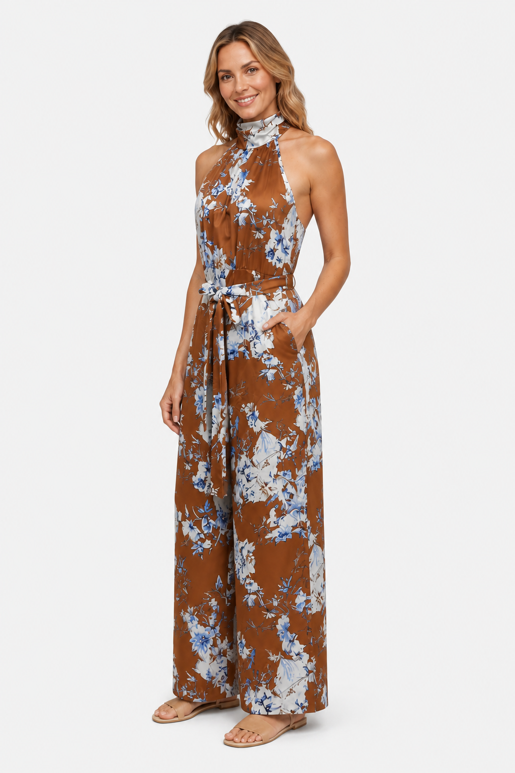 Women's Floral Halter Neck Wide Leg Jumpsuit – Tie Waist Style - Caramel - side left