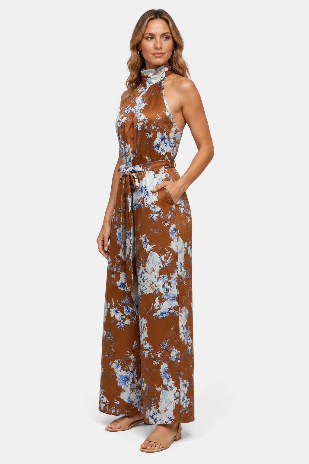 Women's Floral Halter Neck Wide Leg Jumpsuit – Tie Waist Style - Caramel - side right