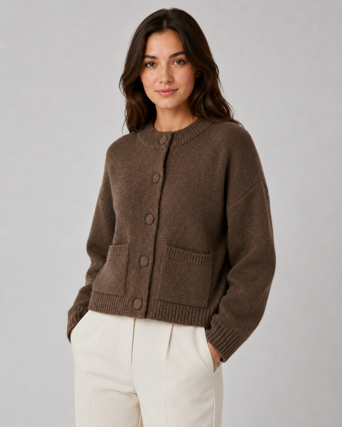Cropped Chunky Knit Cardigan Patch Pockets - Boxy Fit