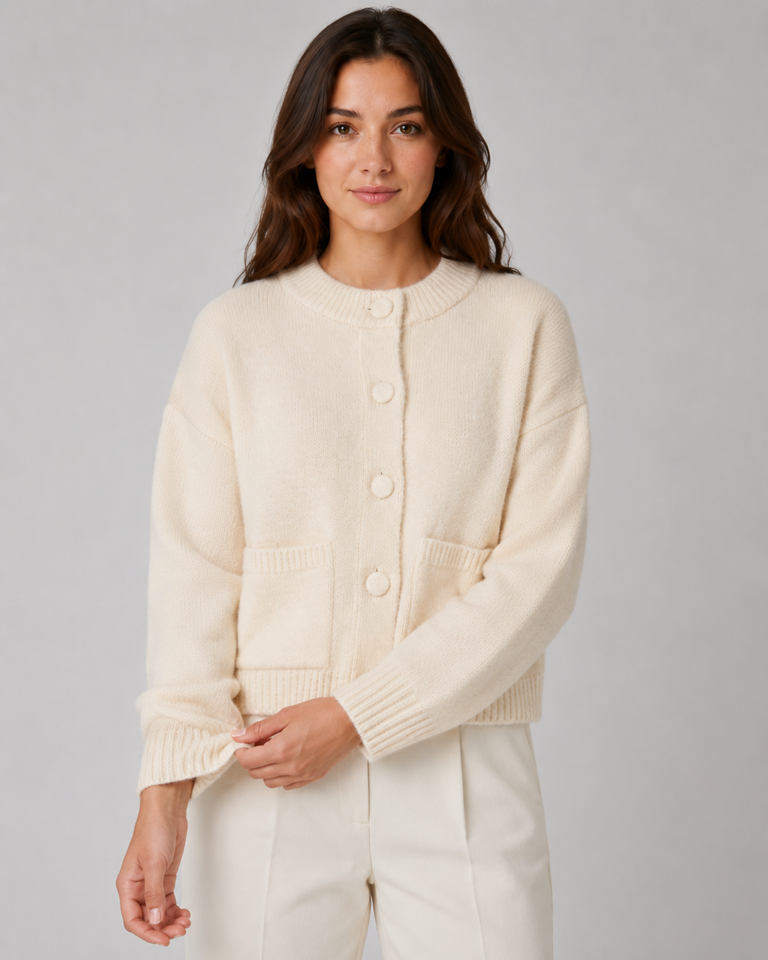Cropped Chunky Knit Cardigan Patch Pockets - Boxy Fit