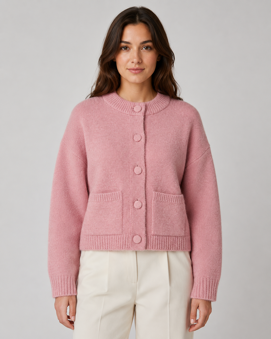 Cropped Chunky Knit Cardigan Patch Pockets - Boxy Fit