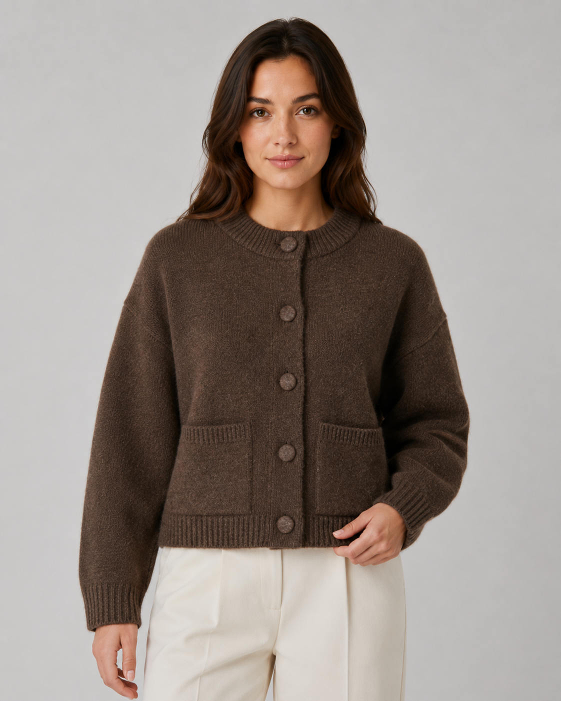 Cropped Chunky Knit Cardigan Patch Pockets - Boxy Fit