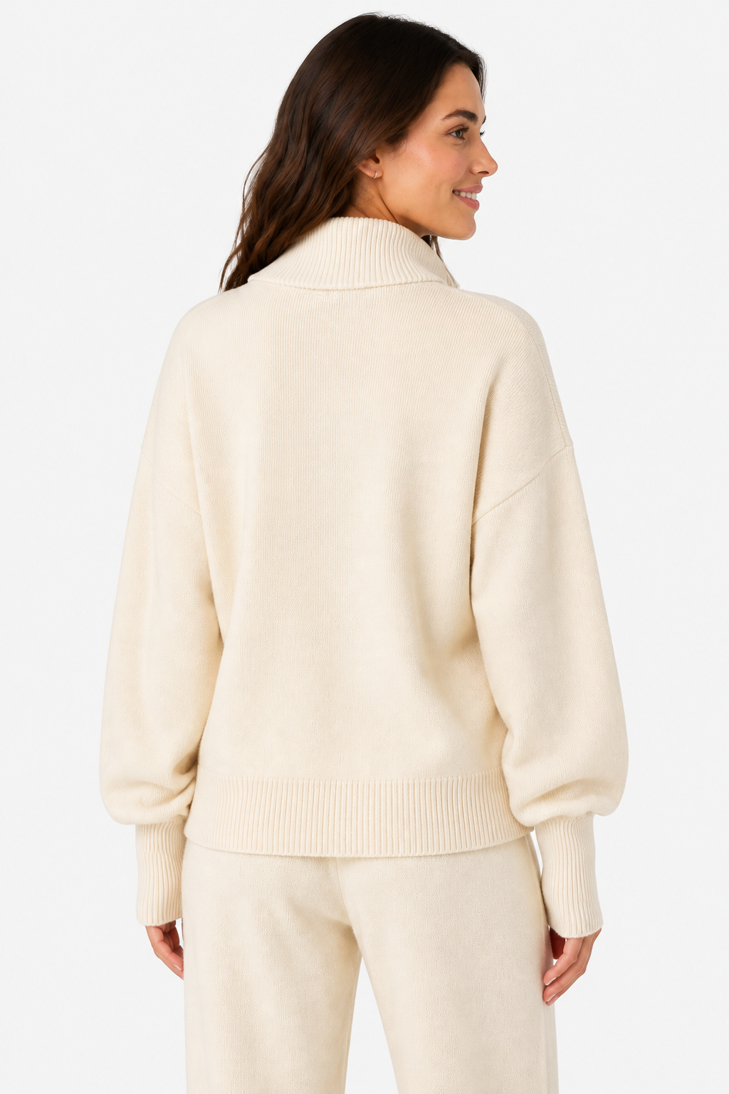 Women's Zip-Up Knit Cardigan Funnel Neck - Cream - back