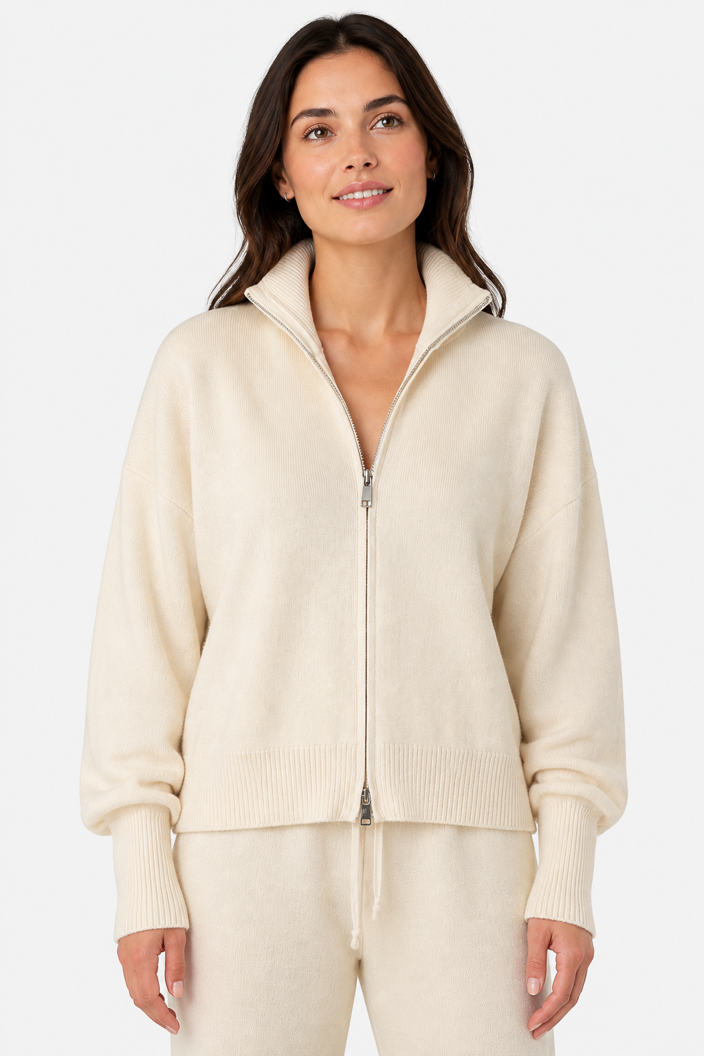 Women's Zip-Up Knit Cardigan Funnel Neck - Cream - front