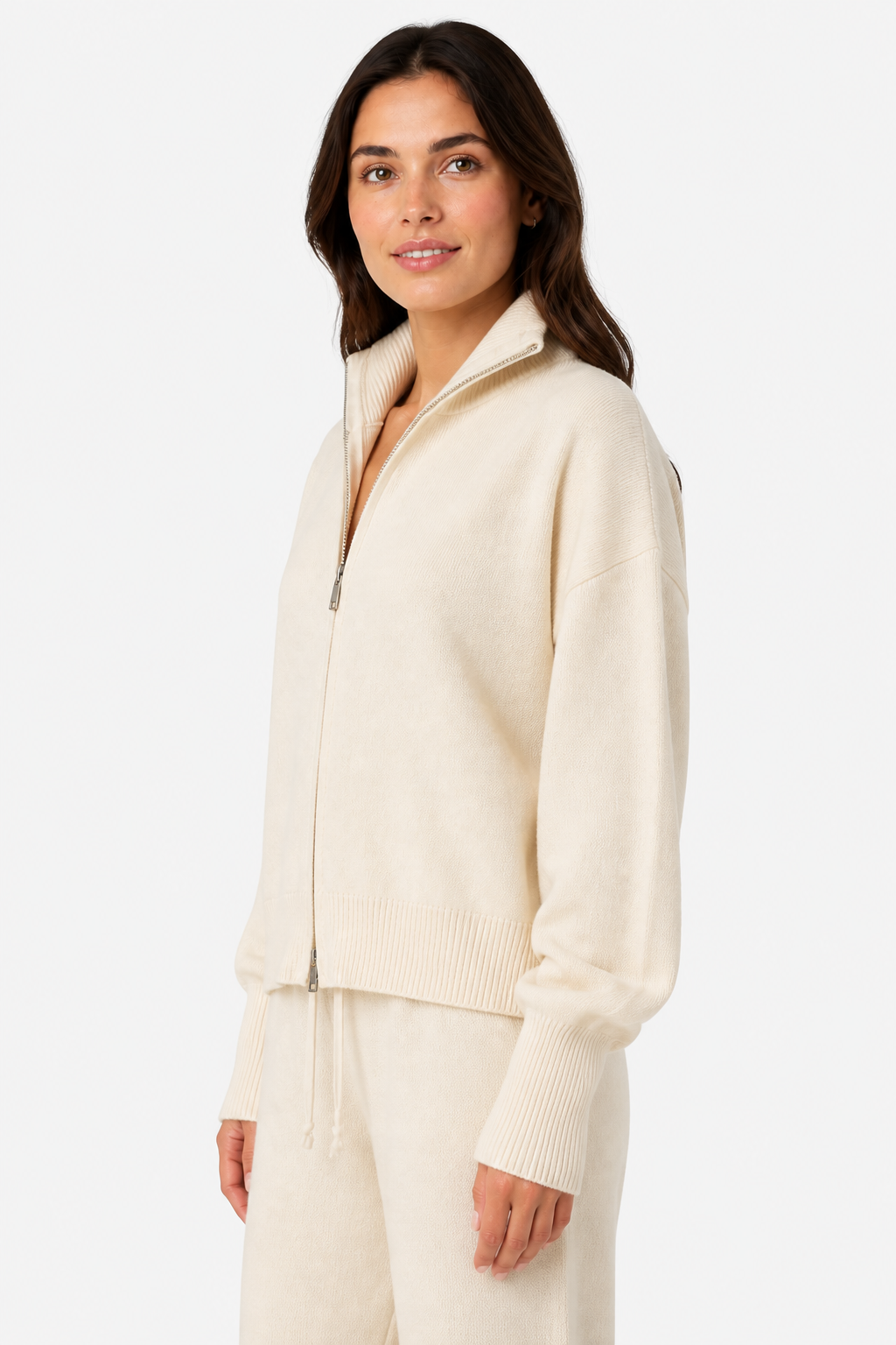 Women's Zip-Up Knit Cardigan Funnel Neck - Cream - side