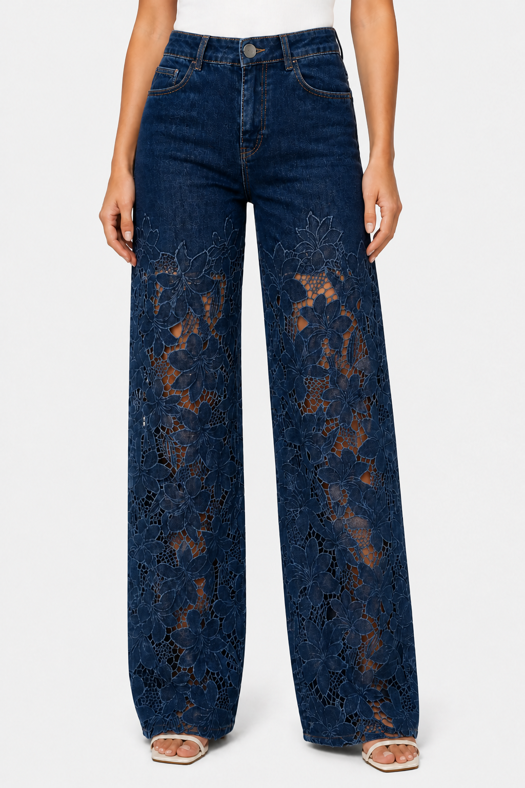 Solérine – Floral lace overlay – Wide-leg denim jeans - Dark blue - front