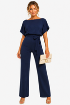 Short Sleeve Belted Jumpsuit Boat Neck Summer One Piece - Dark blue - front