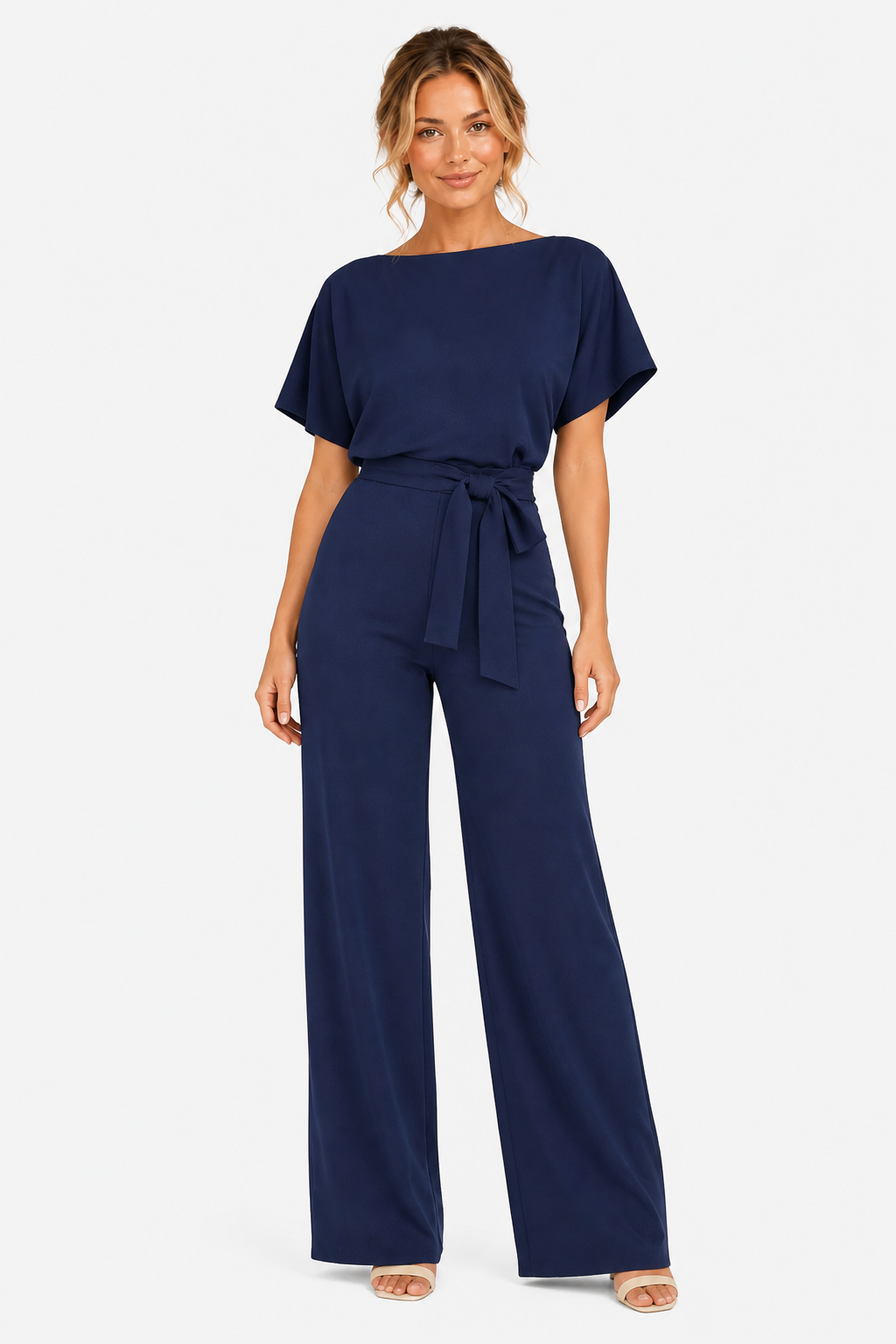 Wide Leg Jumpsuit With Waist Tie - Dark Blue - front