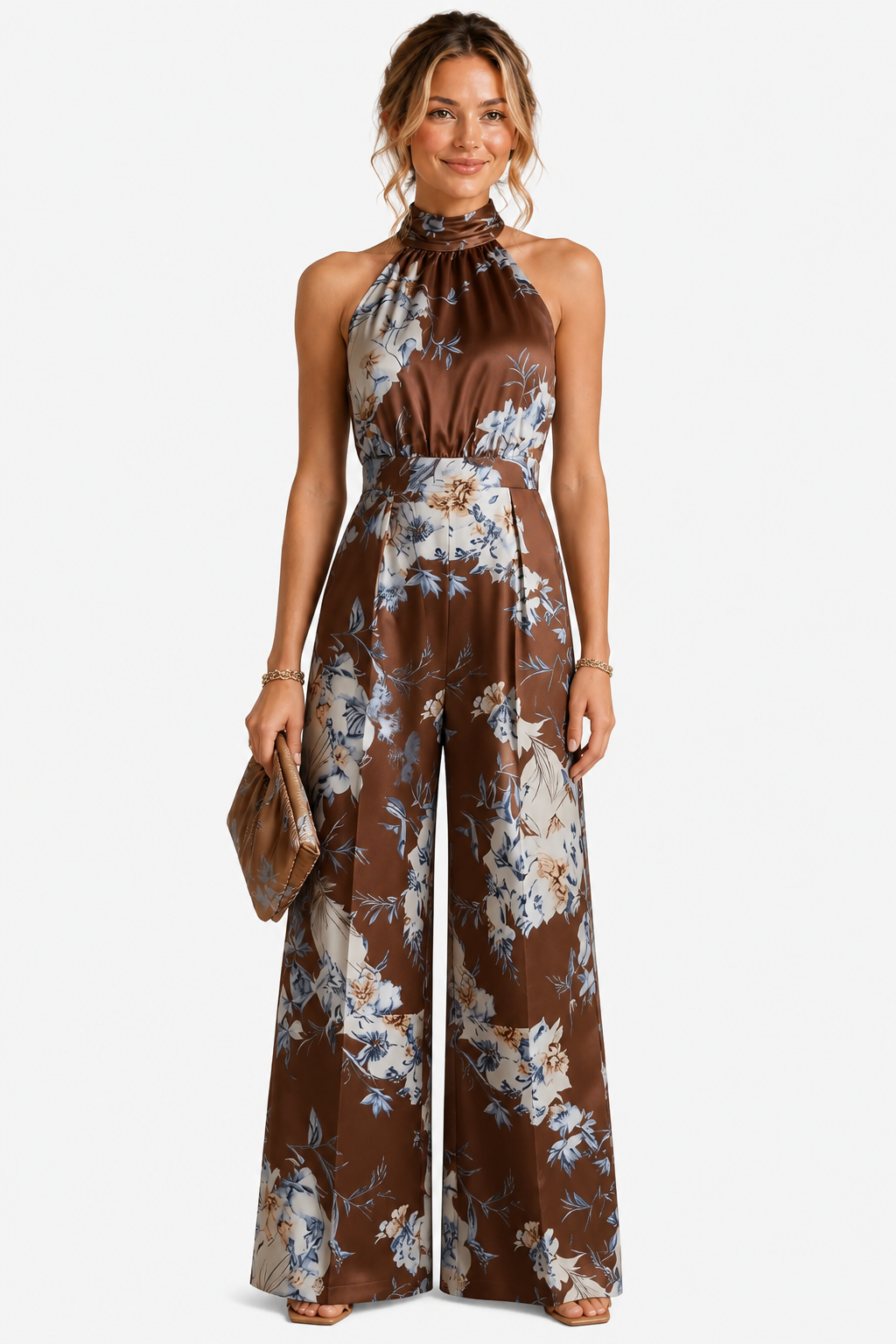 Aurelline – Romantic floral print – Halter jumpsuit - Dark brown - front
