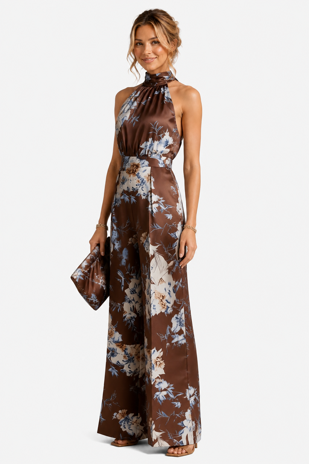 Aurelline – Romantic floral print – Halter jumpsuit - Dark brown - side left