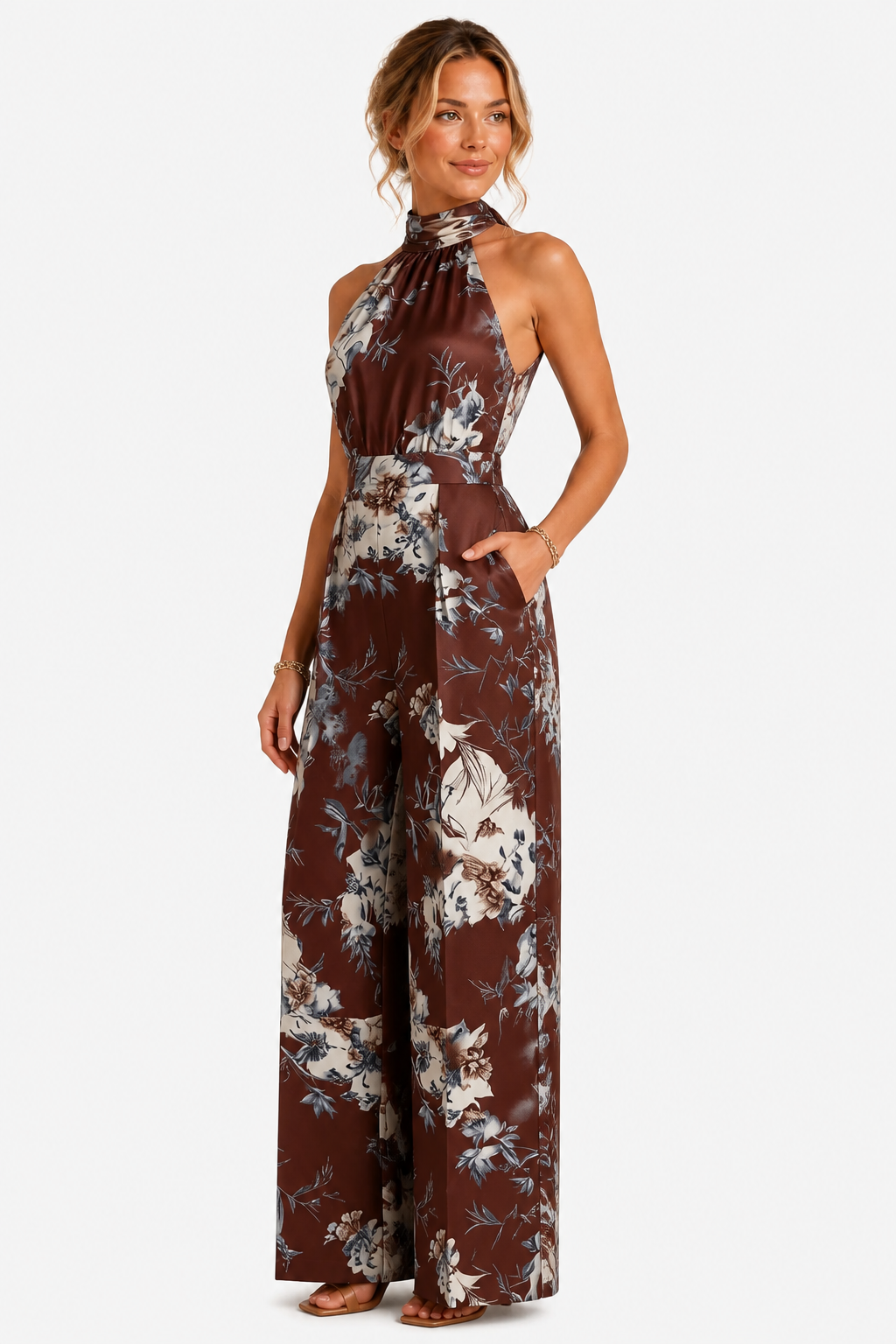 Aurelline – Romantic floral print – Halter jumpsuit - Dark brown - side right