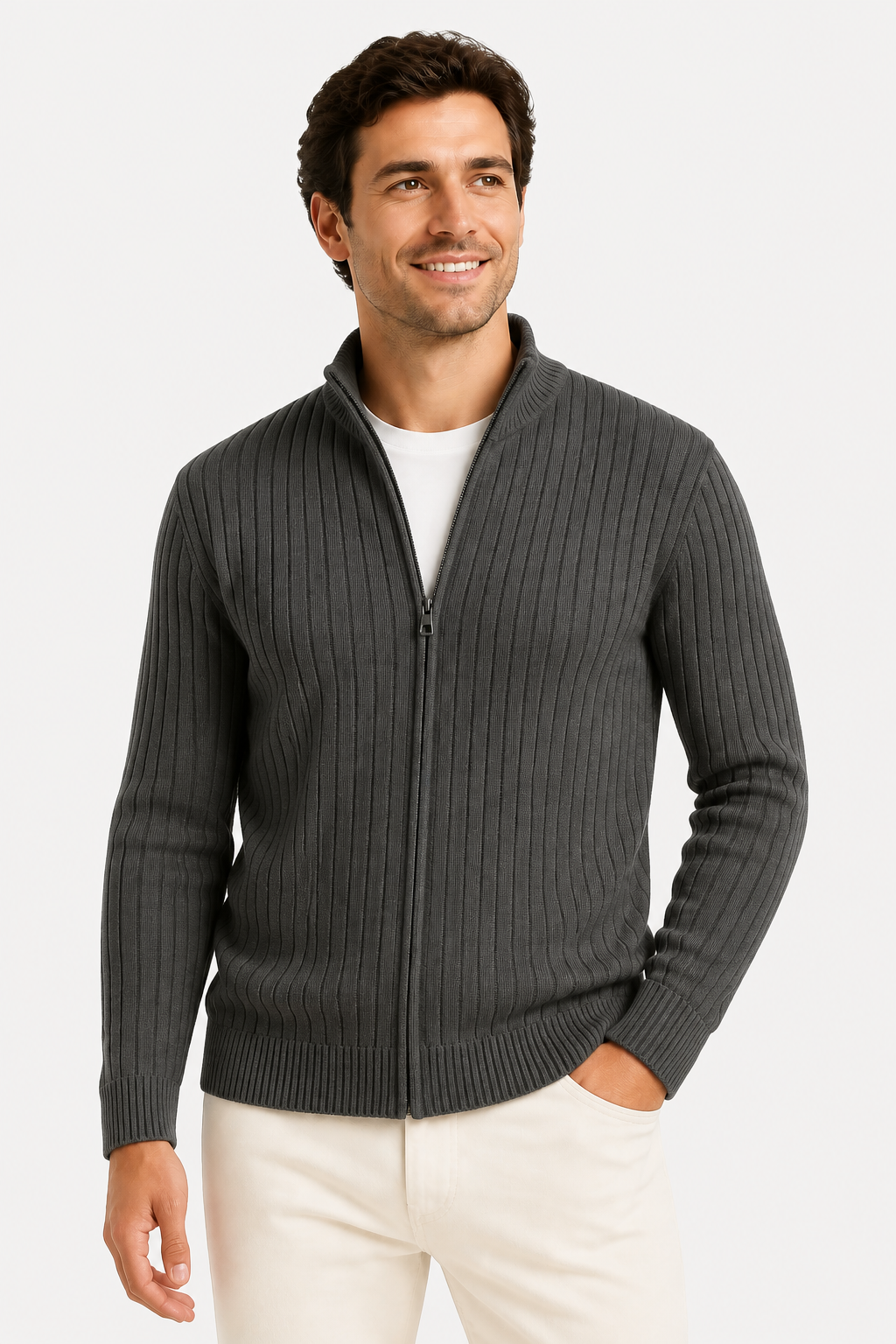 Harrington Oxford | Men's Cardigan Grey Ribbed Knit Lightweight Casual and Formal Design for Men - Dark Gray - front