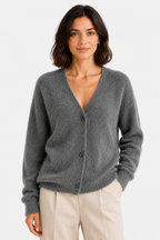 Women's Fluffy V-Neck Cardigan with Button Front - Dark Gray - front