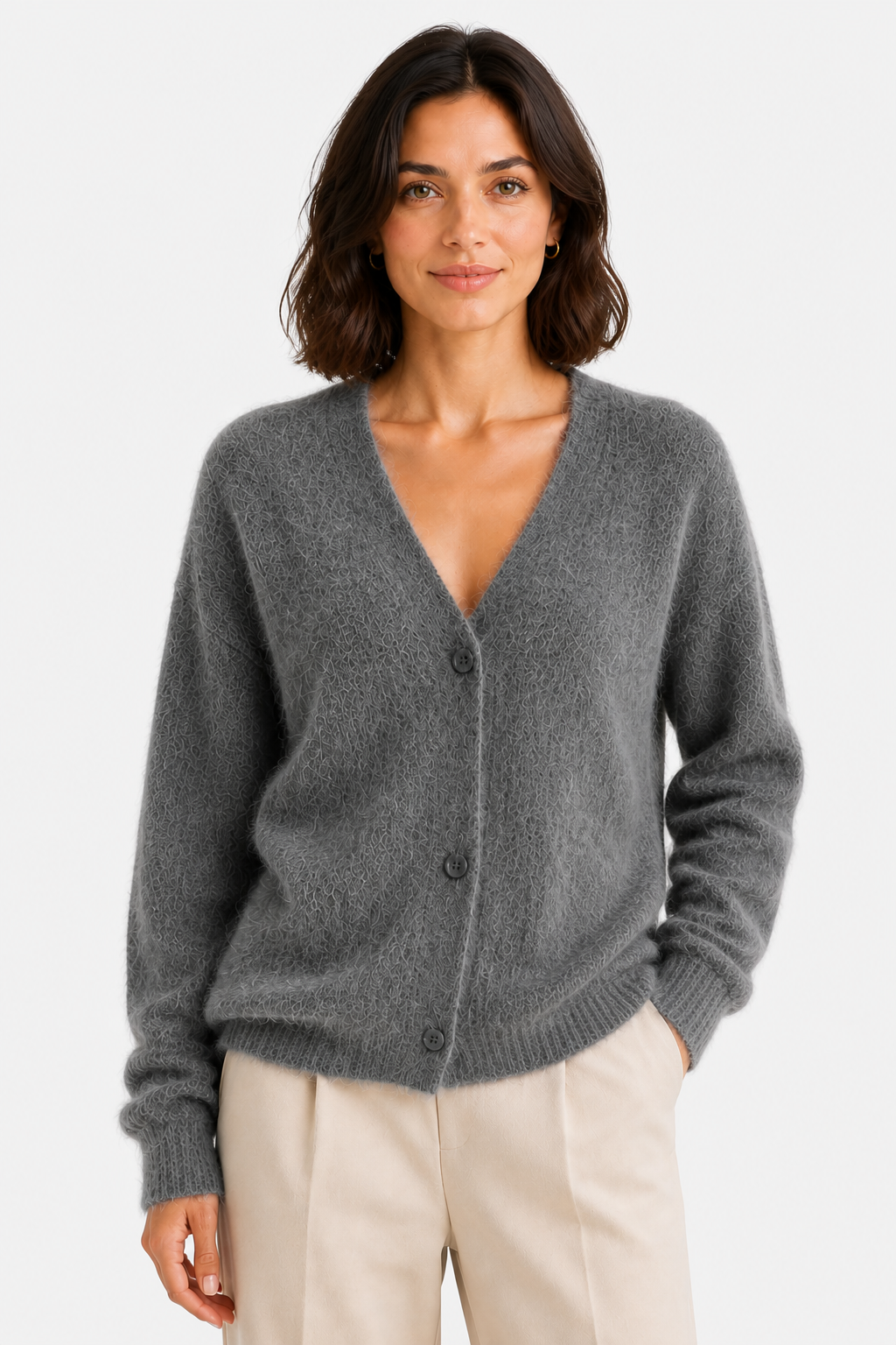 Women's Fluffy V-Neck Cardigan with Button Front - Dark Gray - front