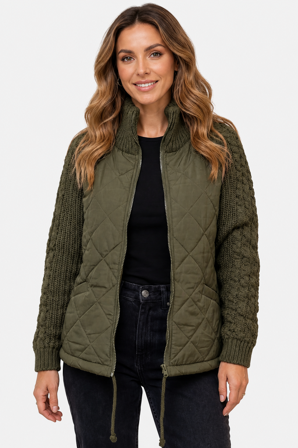 Norcetta – Textured knit detail – Quilted puffer jacket - Dark Green - front