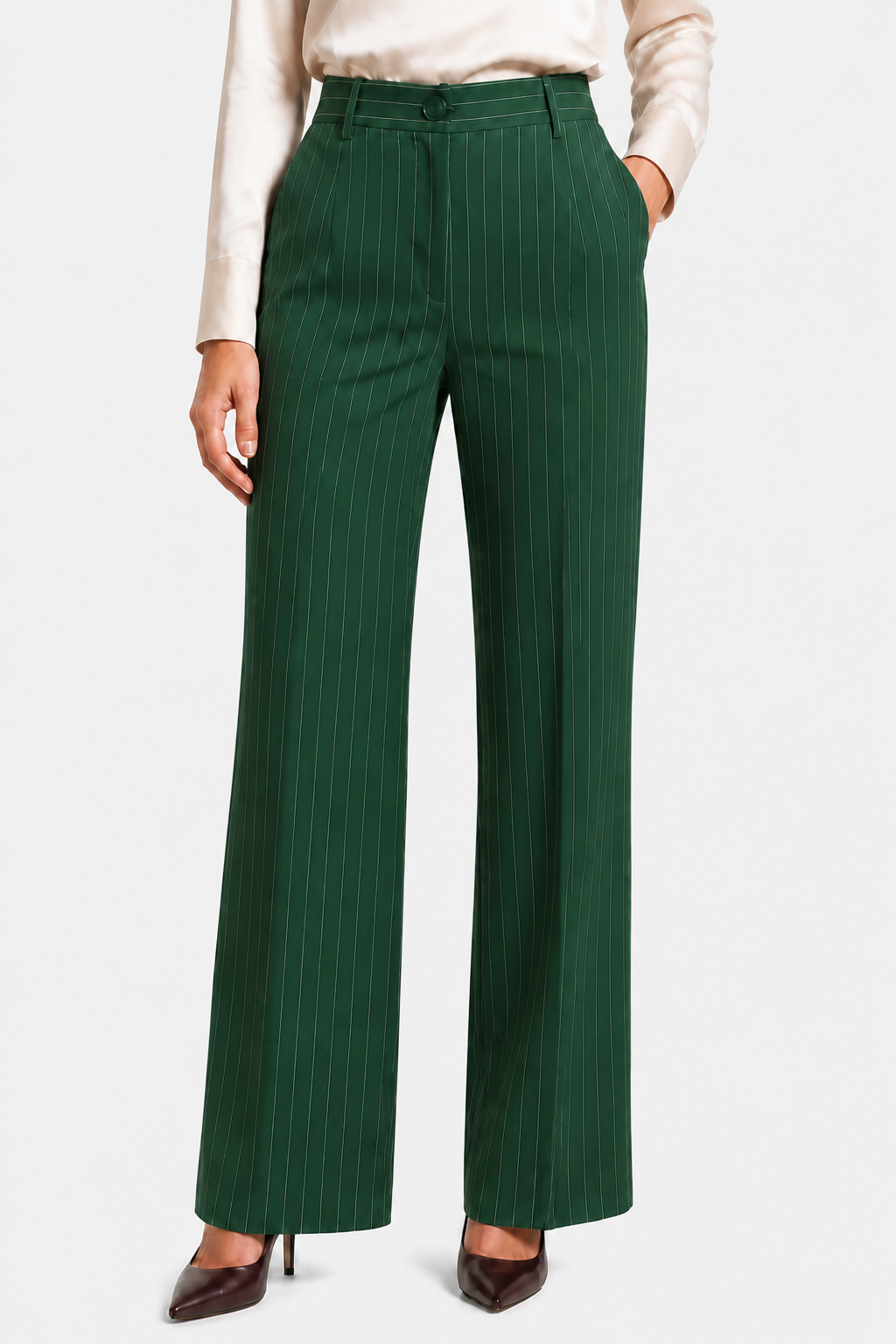 Belloire – Refined pinstripe elegance – Wide-leg trousers - Dark green - front