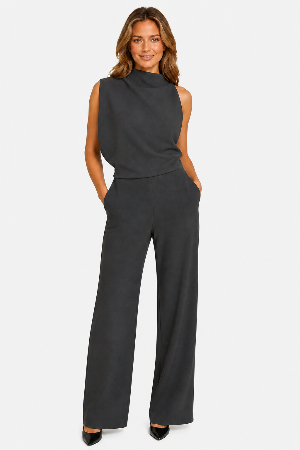 Asymmetric One Shoulder Jumpsuit - Dark Grey - front