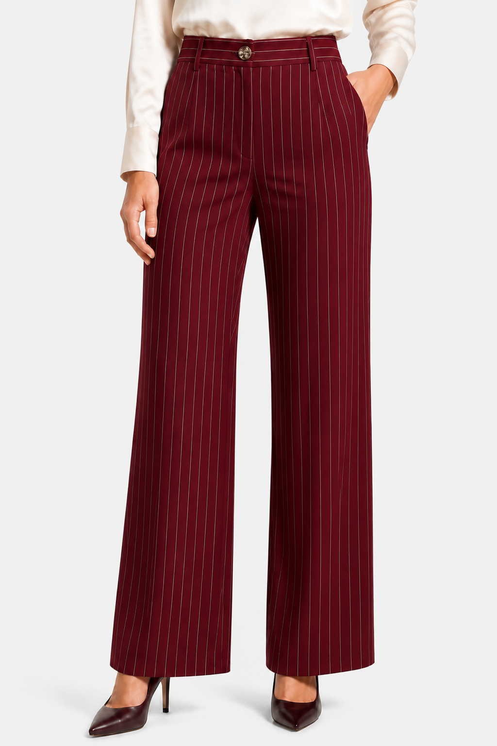 Belloire – Refined pinstripe elegance – Wide-leg trousers - Dark red - front
