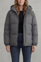 Oversized Hooded Puffer Jacket Zip Front - Oversized Fit