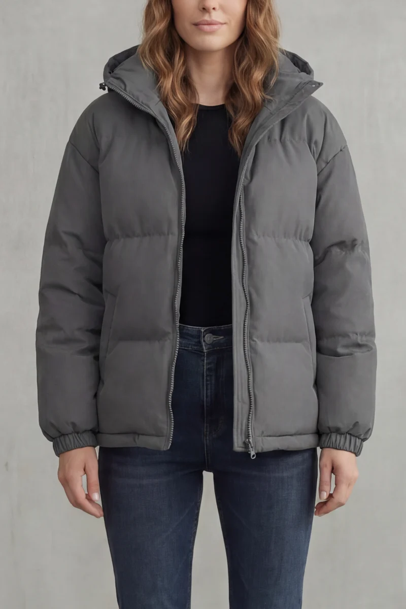 Oversized Hooded Puffer Jacket Zip Front - Oversized Fit