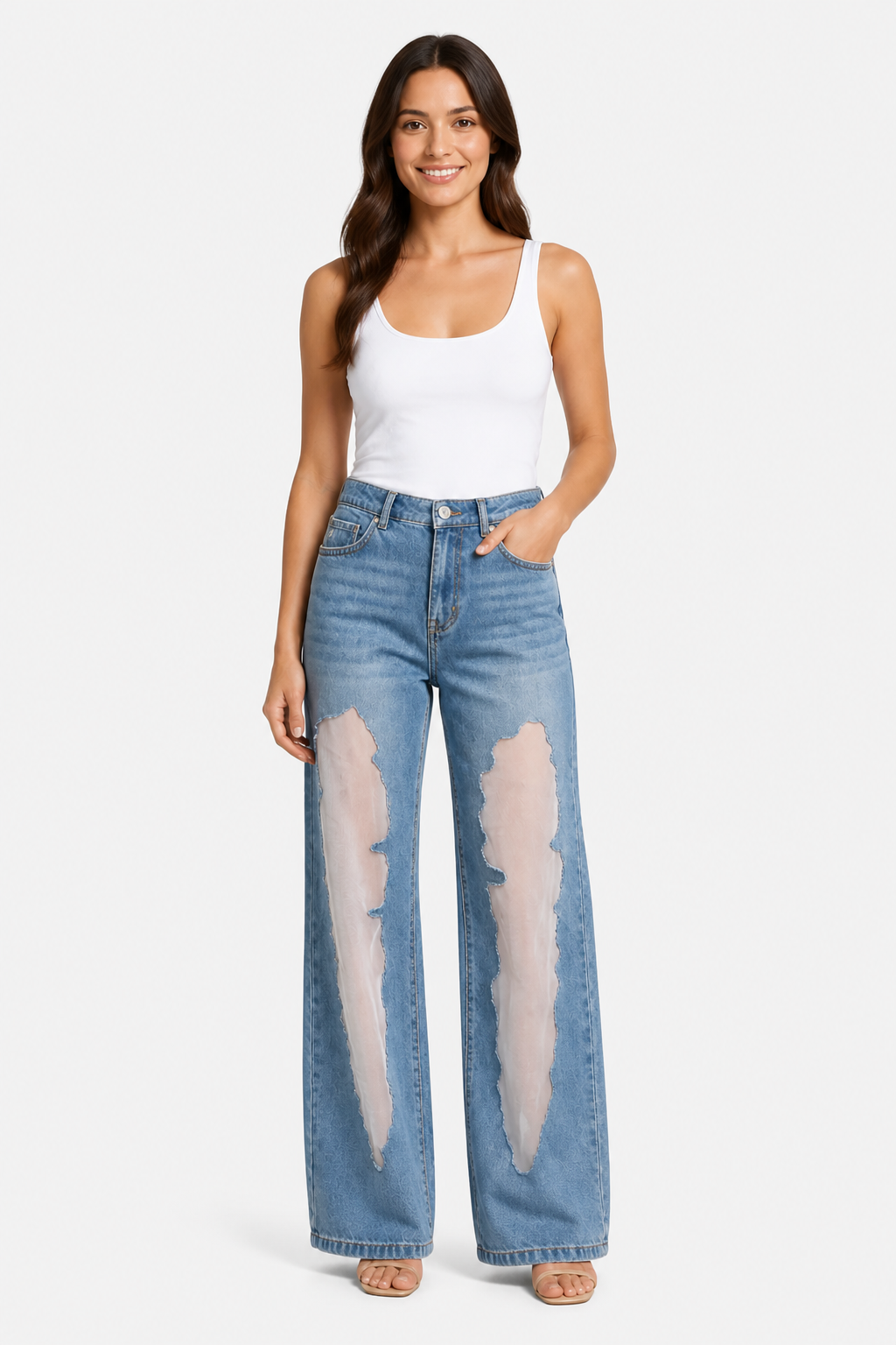 Lunetta – Vintage mesh patchwork – Wide-leg jeans - Default - whole body