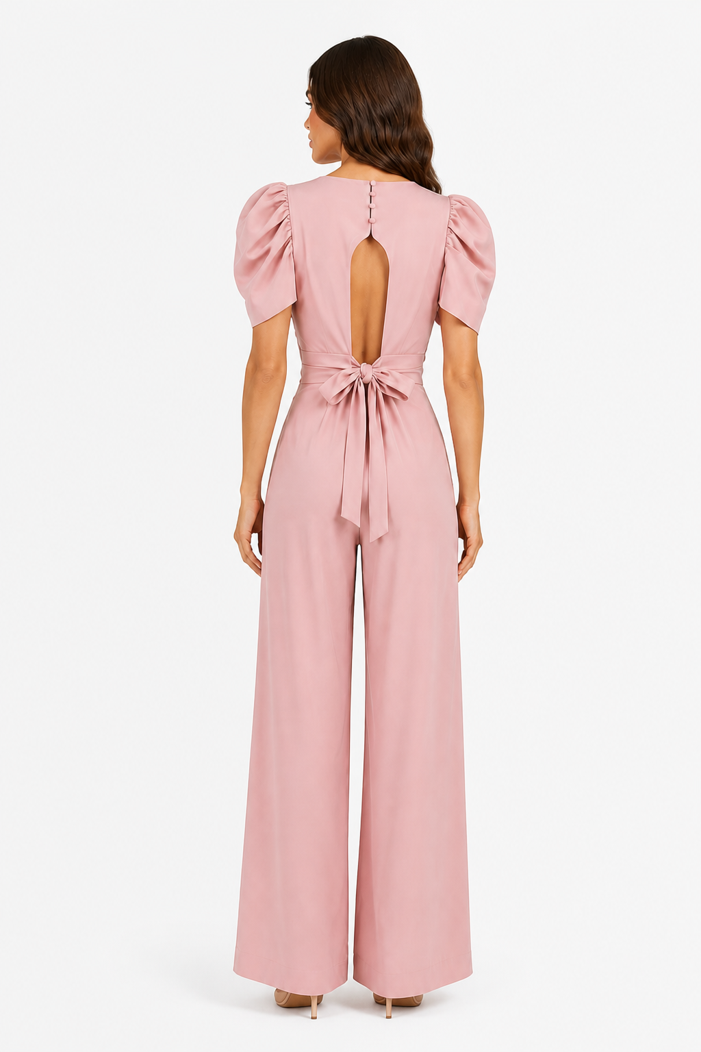 Women's Puff Sleeve Wide Leg Jumpsuit – Tailored Formal Style - Dusty Pink - back