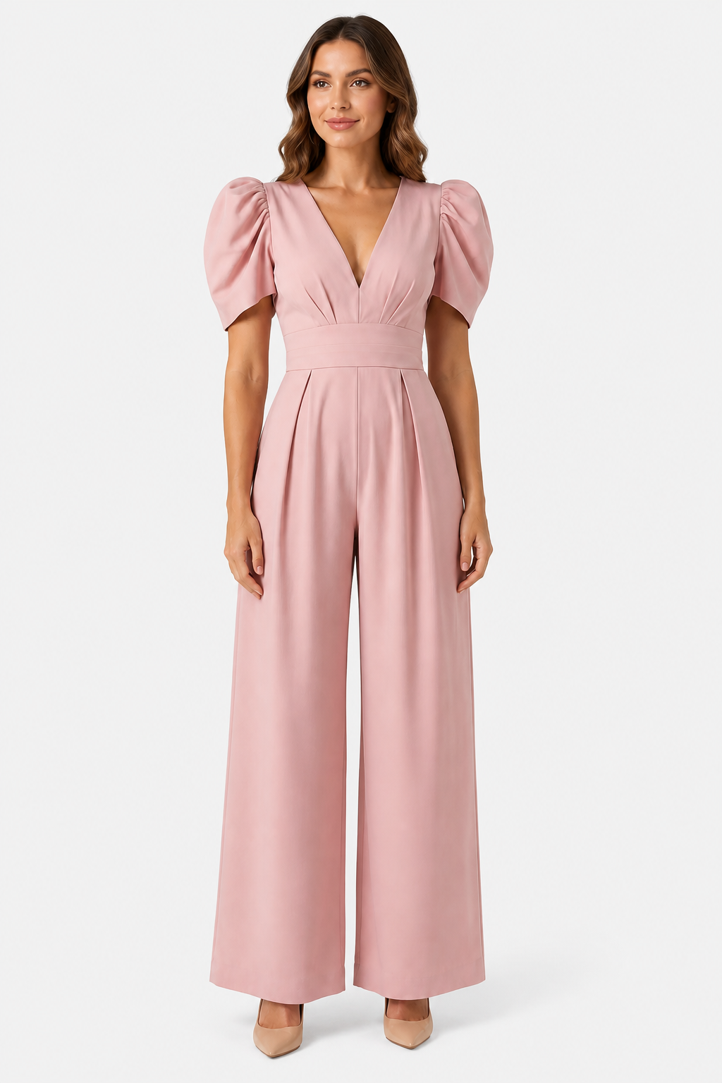 Women's Puff Sleeve Wide Leg Jumpsuit – Tailored Formal Style - Dusty Pink - front