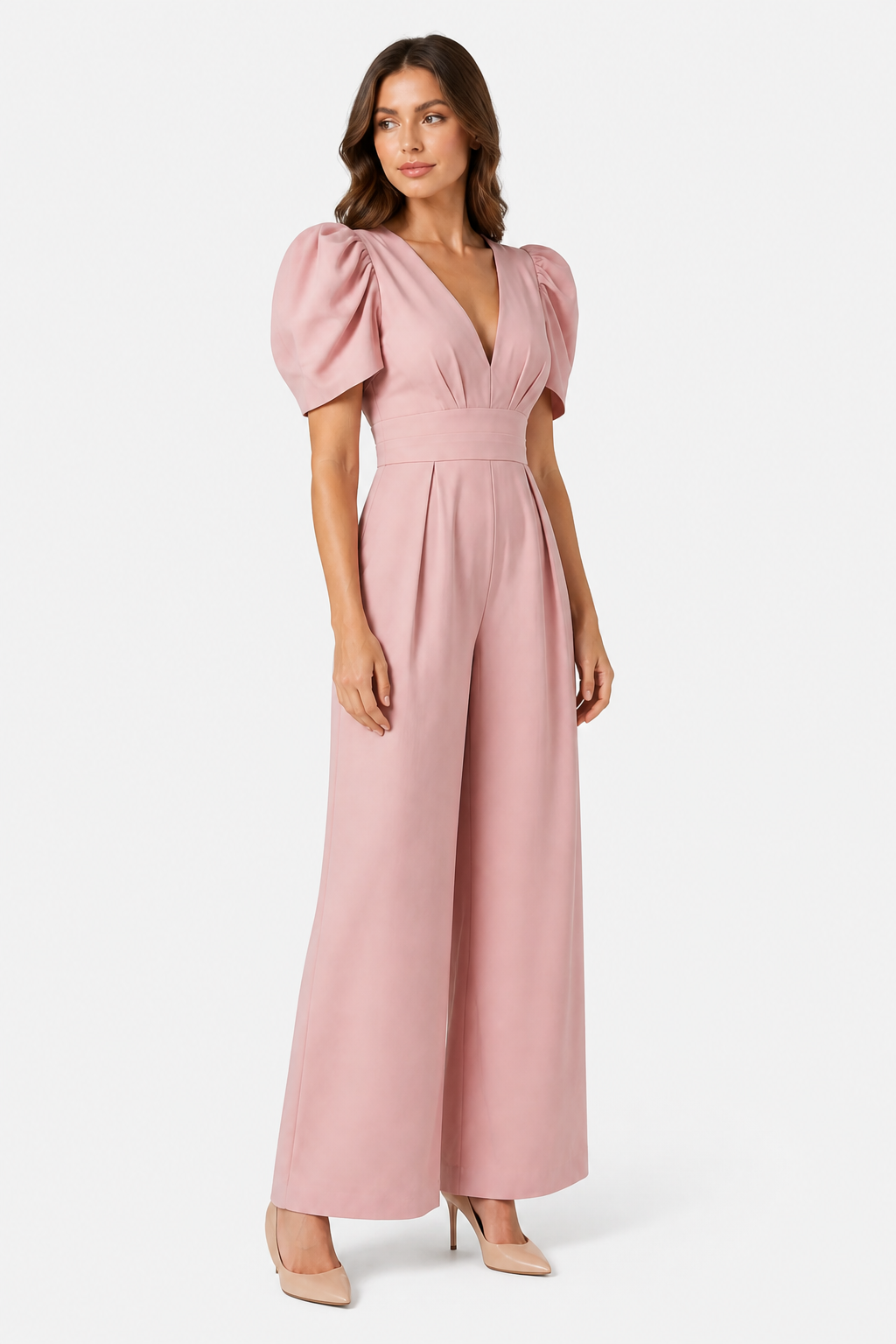 Women's Puff Sleeve Wide Leg Jumpsuit – Tailored Formal Style - Dusty Pink - side left