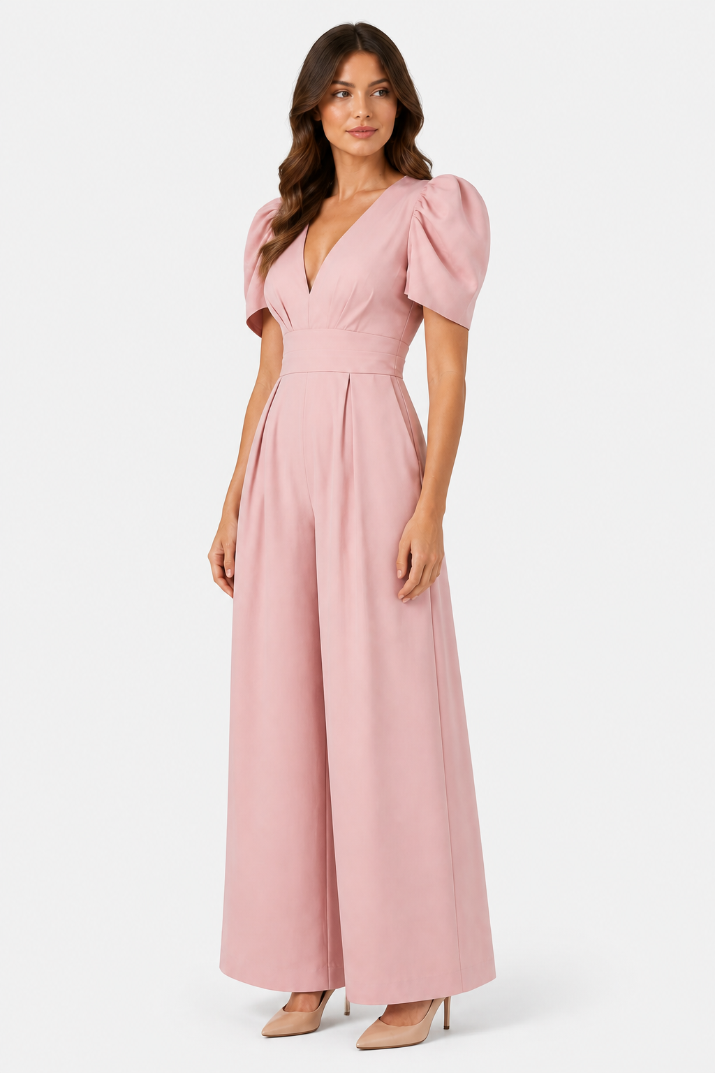 Women's Puff Sleeve Wide Leg Jumpsuit – Tailored Formal Style - Dusty Pink - side right