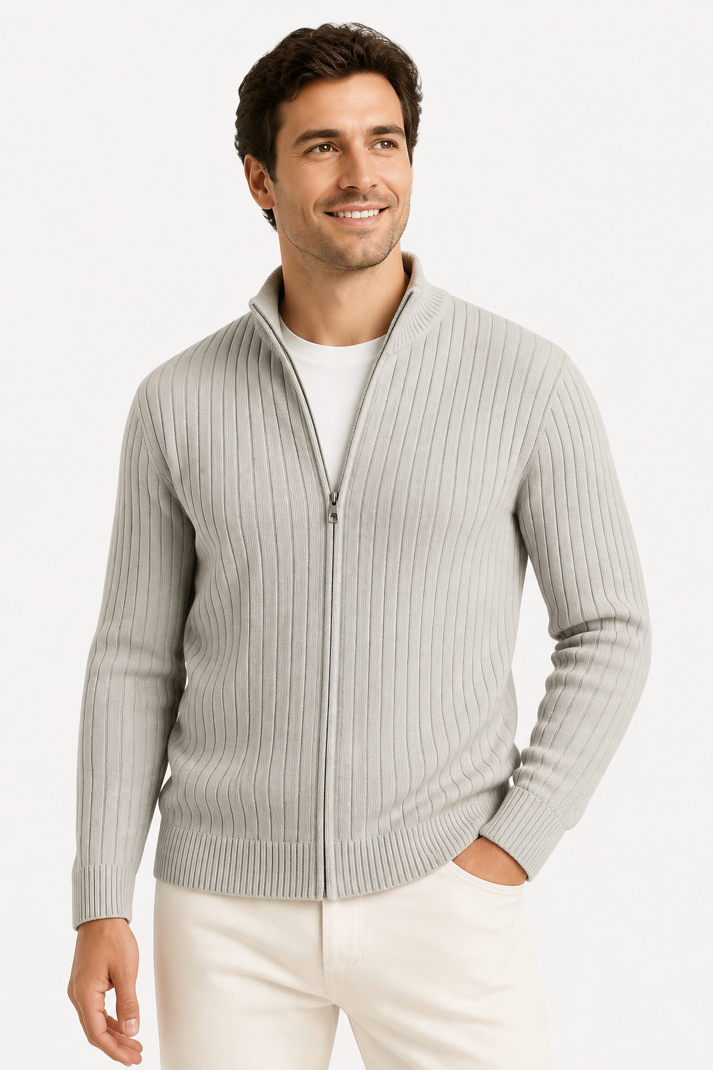 Harrington Oxford | Men's Cardigan Grey Ribbed Knit Lightweight Casual and Formal Design for Men - Gray - front
