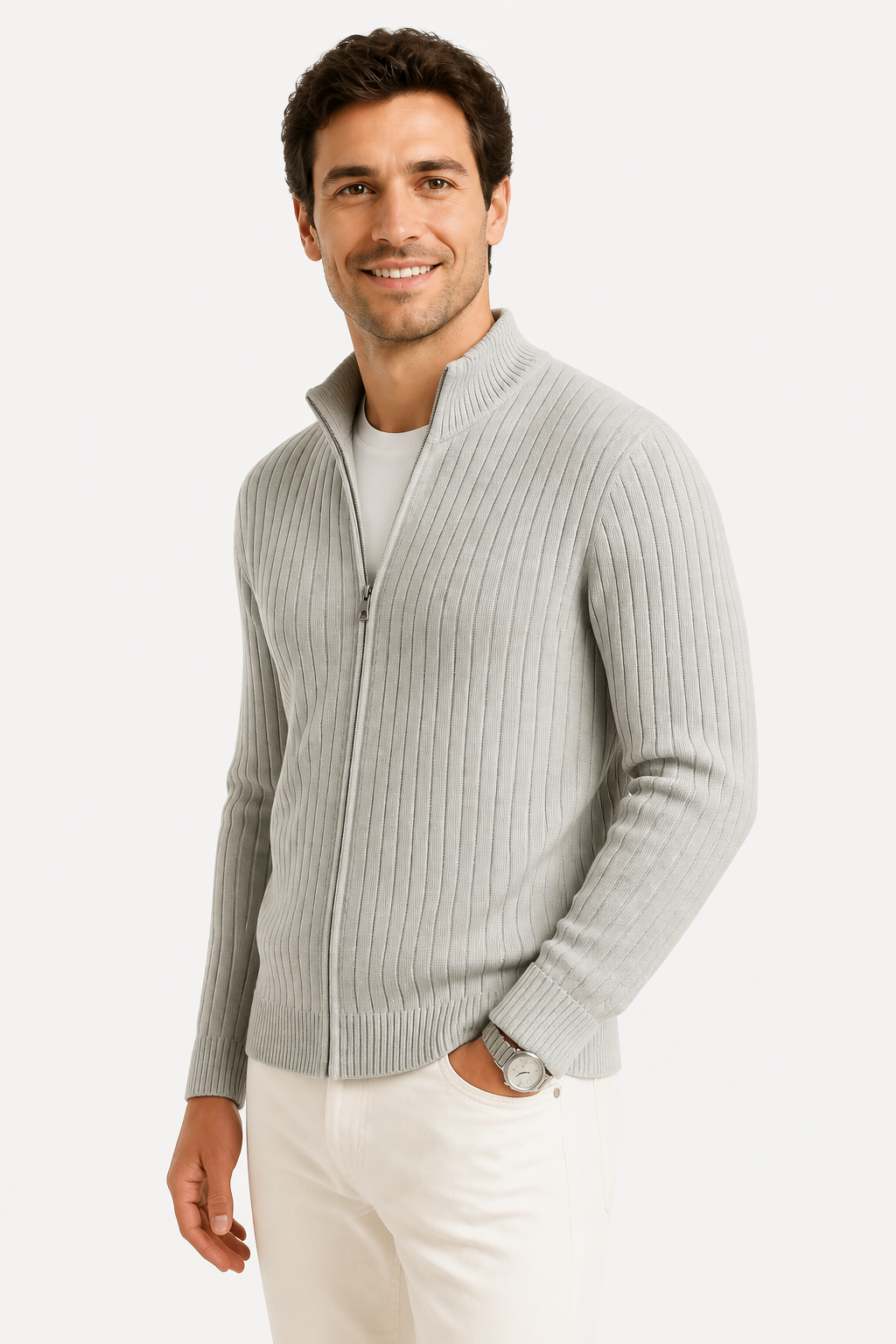 Harrington Oxford | Men's Cardigan Grey Ribbed Knit Lightweight Casual and Formal Design for Men - Gray - side