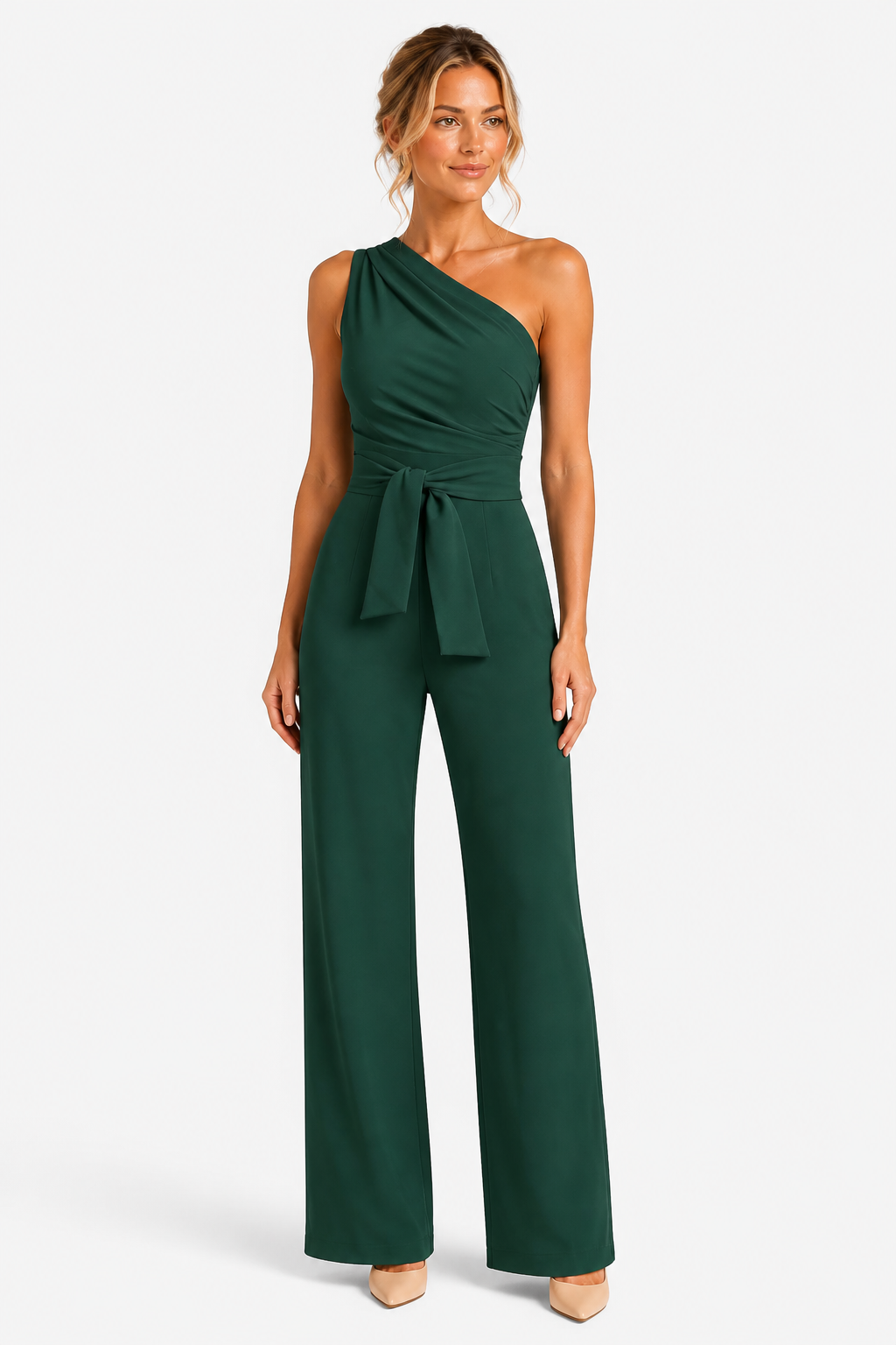 One Shoulder Wide Leg Jumpsuit - Green - front